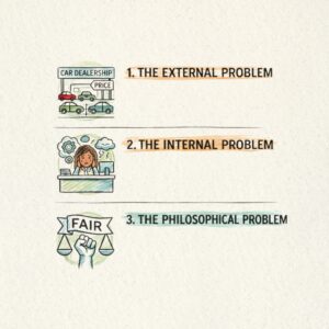 3 problems Hand-drawn infographic showing three levels of customer problems: external problem, internal problem, and philosophical problem, illustrated with simple icons in a sketchbook style.