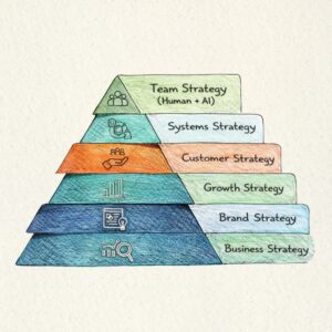 Strategy Pyramid Hand-drawn pyramid diagram illustrating layered marketing strategy including business, brand, growth, customer, systems, and team strategy with human and AI integration.