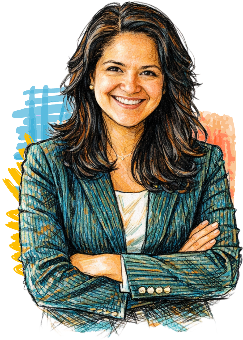 Patricia Rivera Illustrated woman with dark hair smiling, arms crossed, wearing a teal jacket.